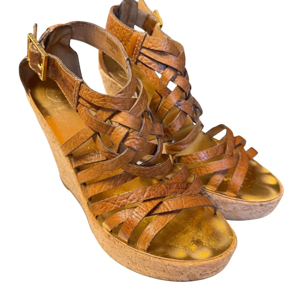 Tory Burch Tan Leather Woven Strappy Cork Wedge Sandals Gold Insole Size 7M